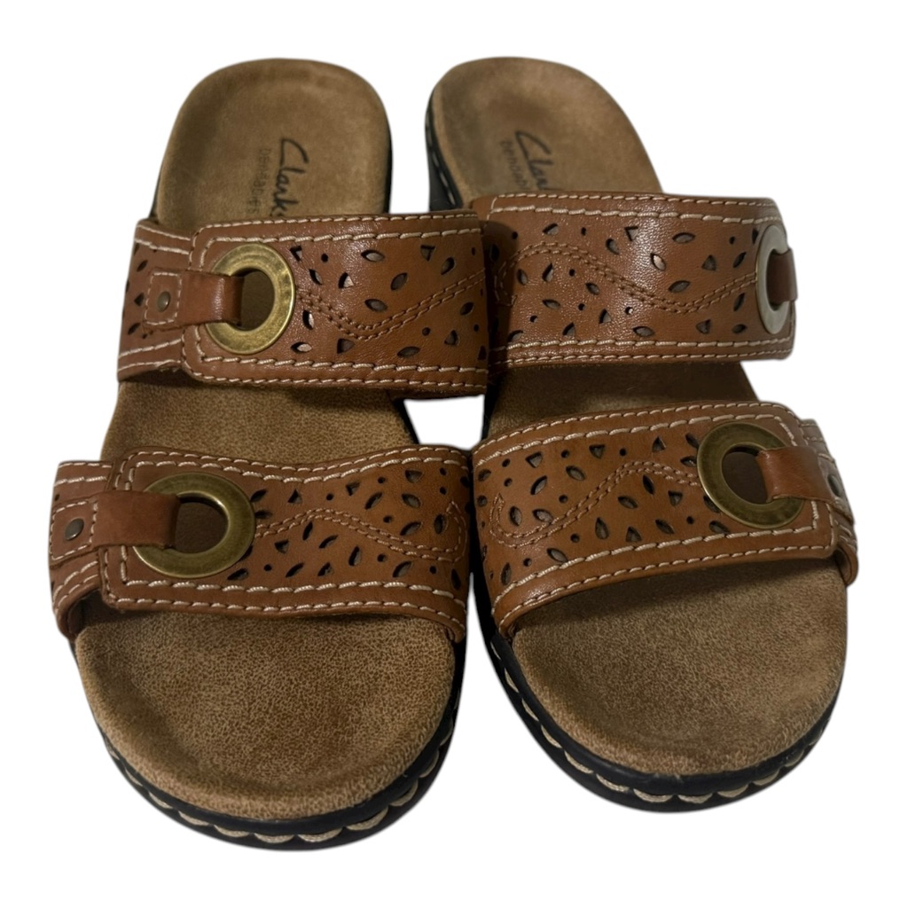 Clarks Bendable Leather Slip-On Sandals Brown Buckle Comfort Slides Women’s 6m